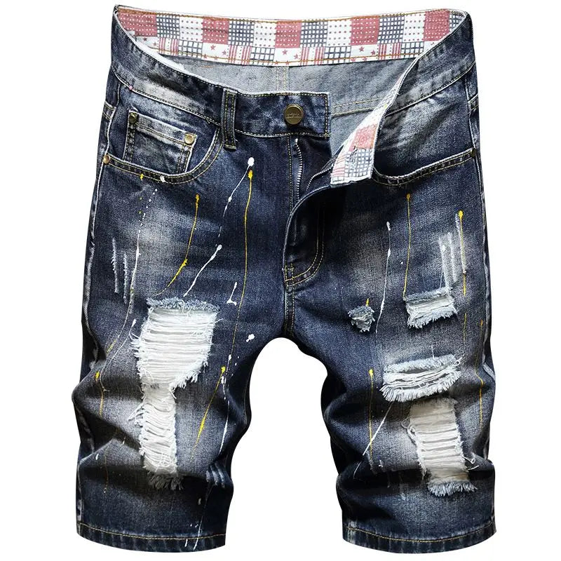 Plus Size 7XL 6XL Men's Summer Ripped Denim Shorts, Loose Straight-Cut, Painted Style, Fashionable Trendy Denim Cropped Pants