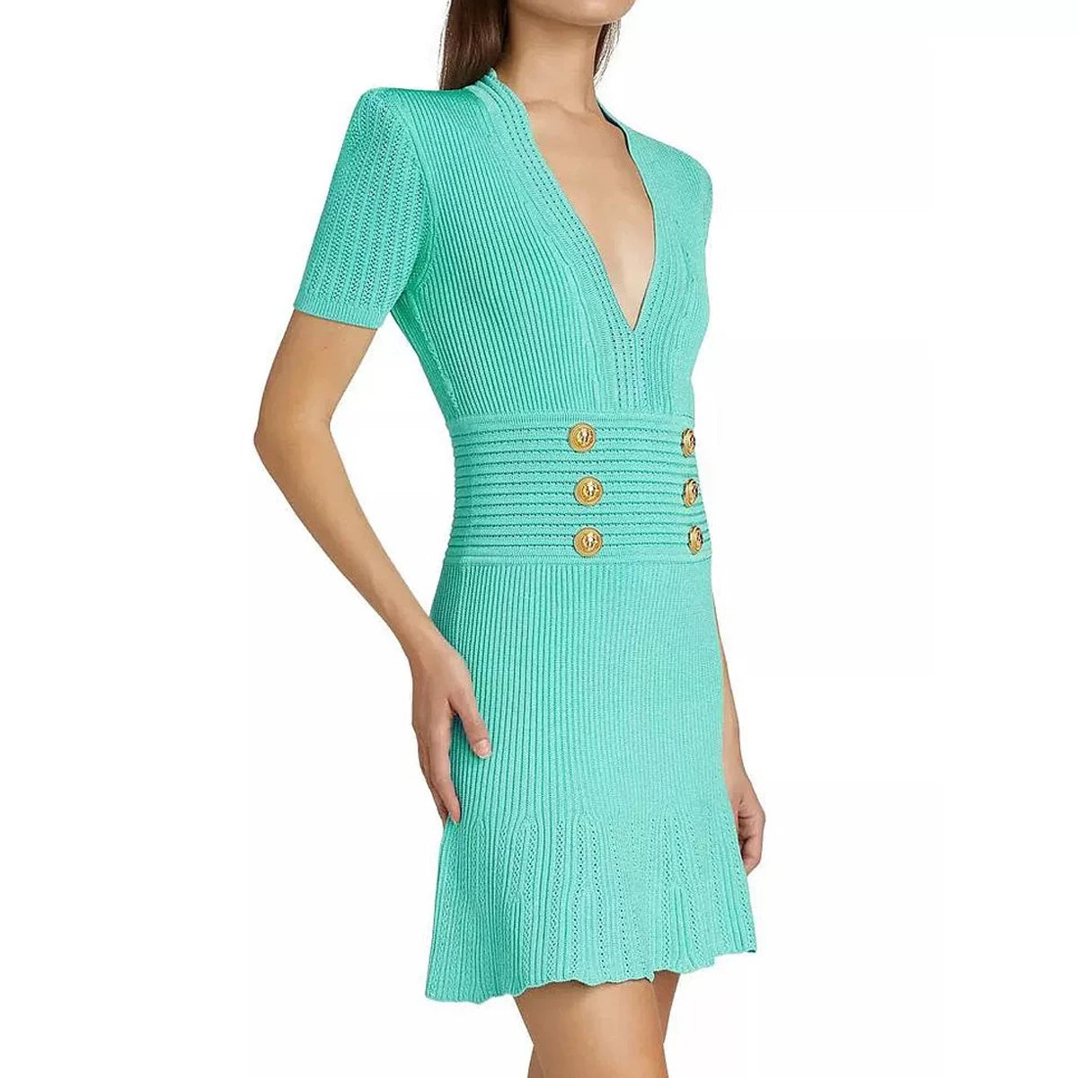 Spring And Summer New Fashionable Knitted Elastic Solid Color Short Sleeved Double Breasted Slim Fit Fishtail Women's Dress