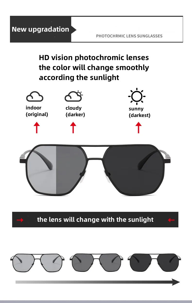 KAMMPT Oversized Vintage Sunglasses Men Women Fashion Polarized Photochromic Shades Eyewear Double Bridge Driving Sun Glasses