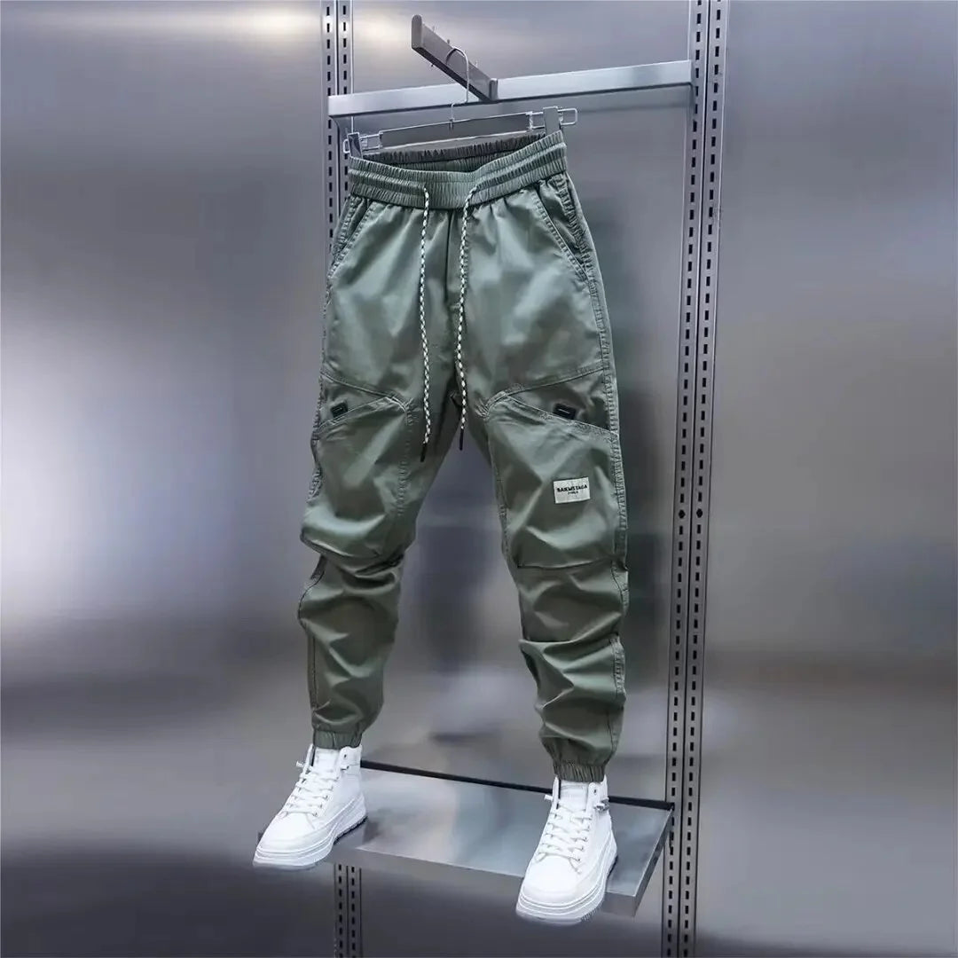 2024 Men's Autumn New Casual Pants Solid Color Elastic Waist Ankle Length Versatile Korean Style Fashionable Small Foot Cargo Pa