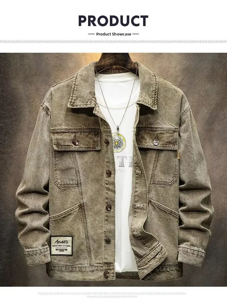 Stylish Versatile Men's Denim Jacket Autumn Spring Trendy Korean Version Casual Long Sleeve Standard Fit Outerwear Coat