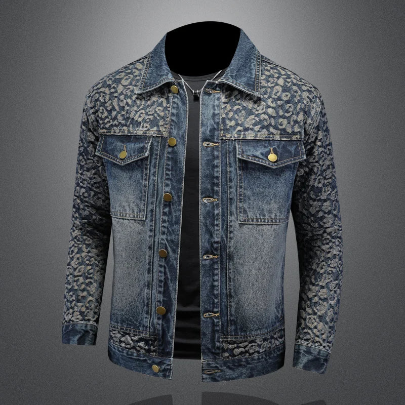 High Quality Jacquard Spliced Denim Jacket for Men Casual Business Social Denim Social Streetwear Jacket Outwear Coat 2025