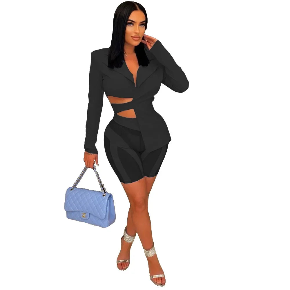 ANJAMANOR Two Piece Club Outfits Women Sexy Asymmetric Blazer and Mesh Shorts Leggings Matching Sets Fall 2023 D58-ED25