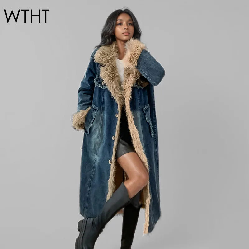WTHT New Fashion Women's Plush Edge Belt Buckle Warm Denim Long Coat 2024 Winter Trendy Single Breasted Jacket Female 1LS178