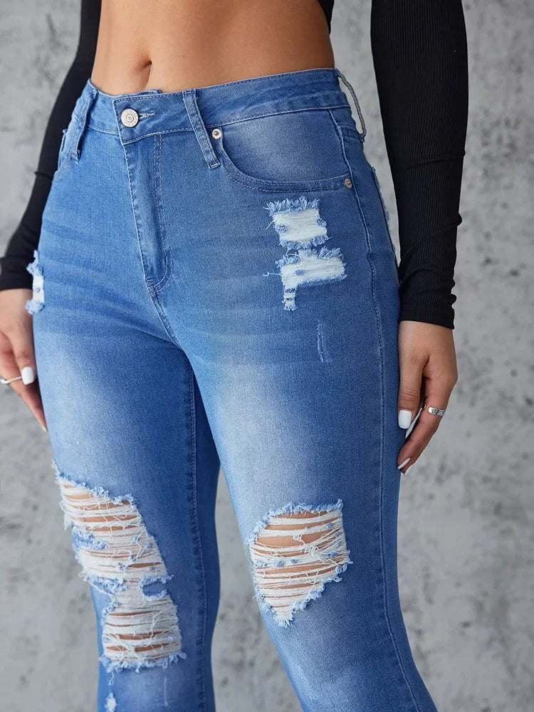 Women's Skinny Jeans Hole Design Spring Summer New Style Butt Lifting Long Trousers Comfortable Fit Denim Pants