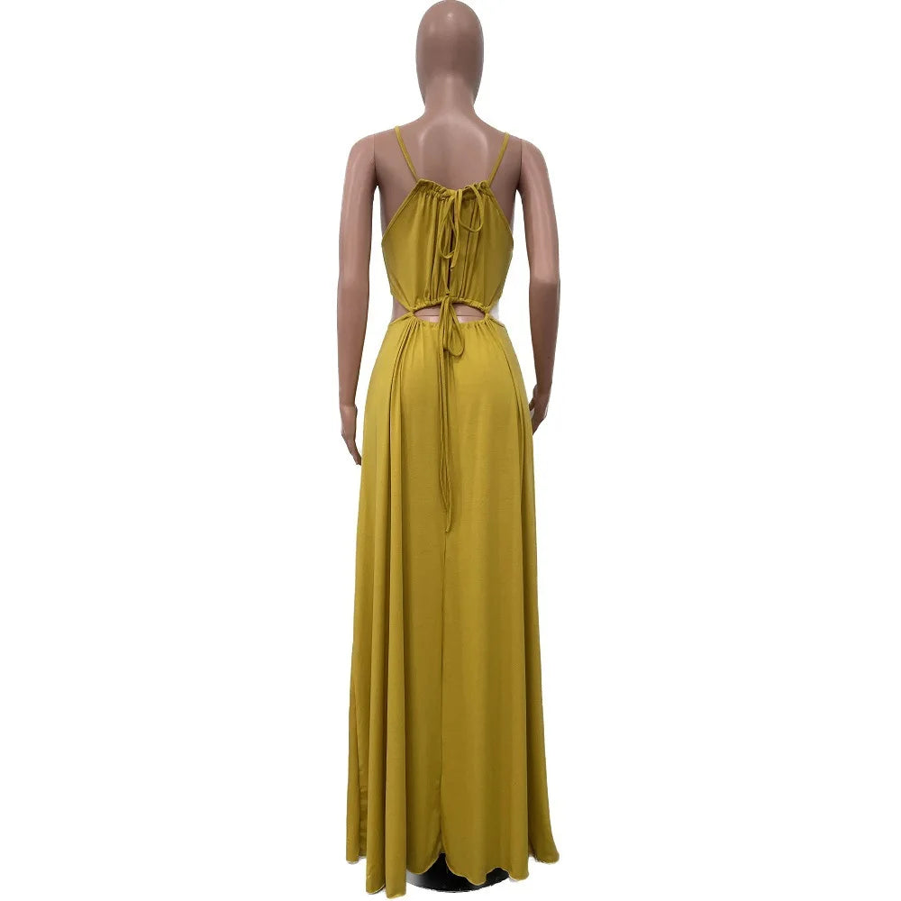 2025 Women's Dress Summer Holiday Solid Long Dresses Sexy Drawstring Lace Up Sleeveless Vestidos Para Mujer Club Party Outfits