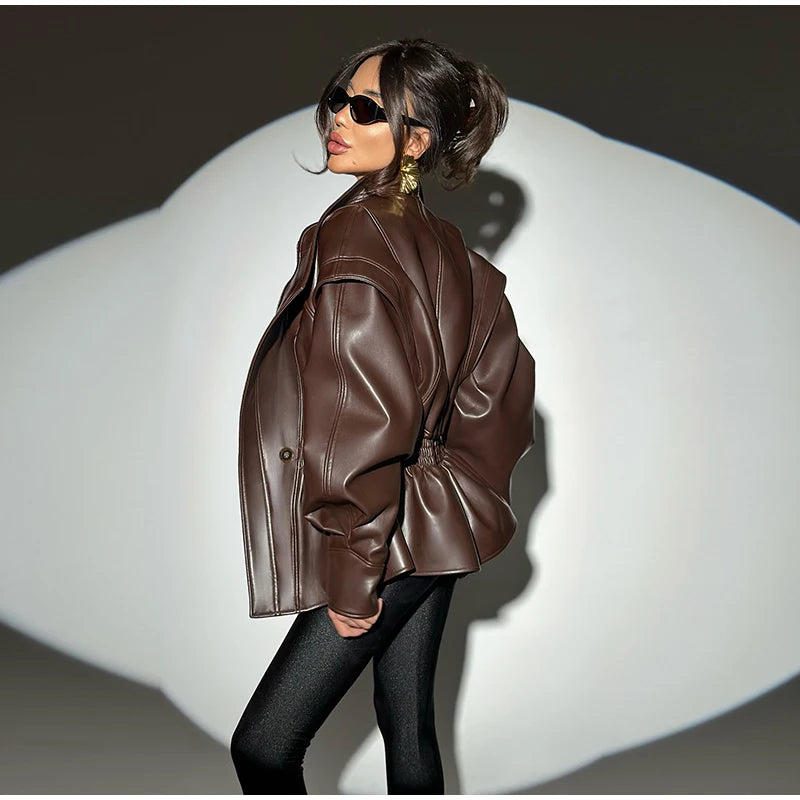 Faux Leather Jacket Women Turn-down Collar Zipper Front Puffy Sleeves Stylish Waist Cinching Coat 2025 Female Winter Outerwear