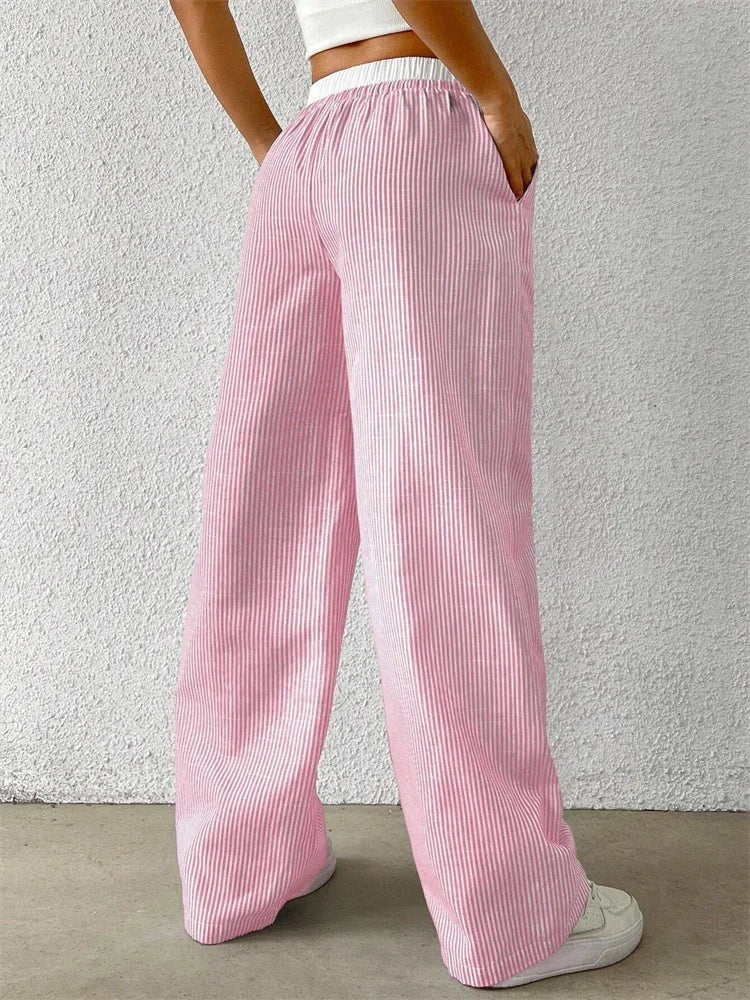 Casual Striped Woven Wide Leg Pants for Women Autumn Winter Casual Stylish Full Length Trousers Y2K Clothes Streetwear