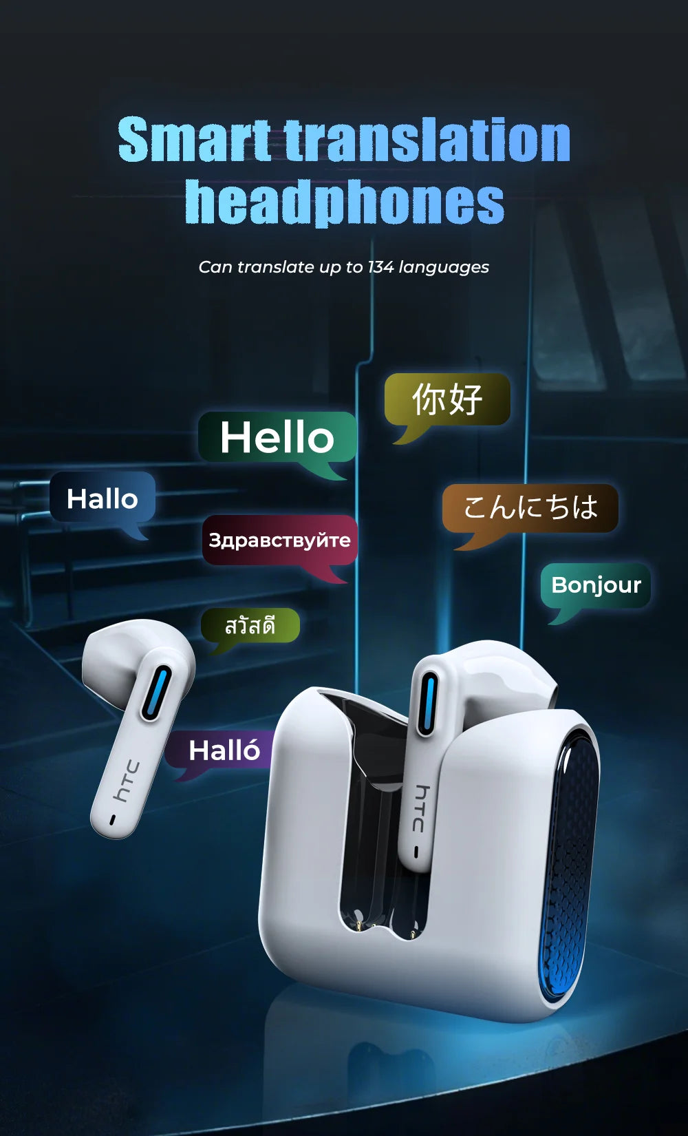 HTC NE49 Wireless Headphones Earphones Bluetooth V6.0 TWS In-Ear Comfortable Earbuds Ultra low latency AI Translator Earbuds