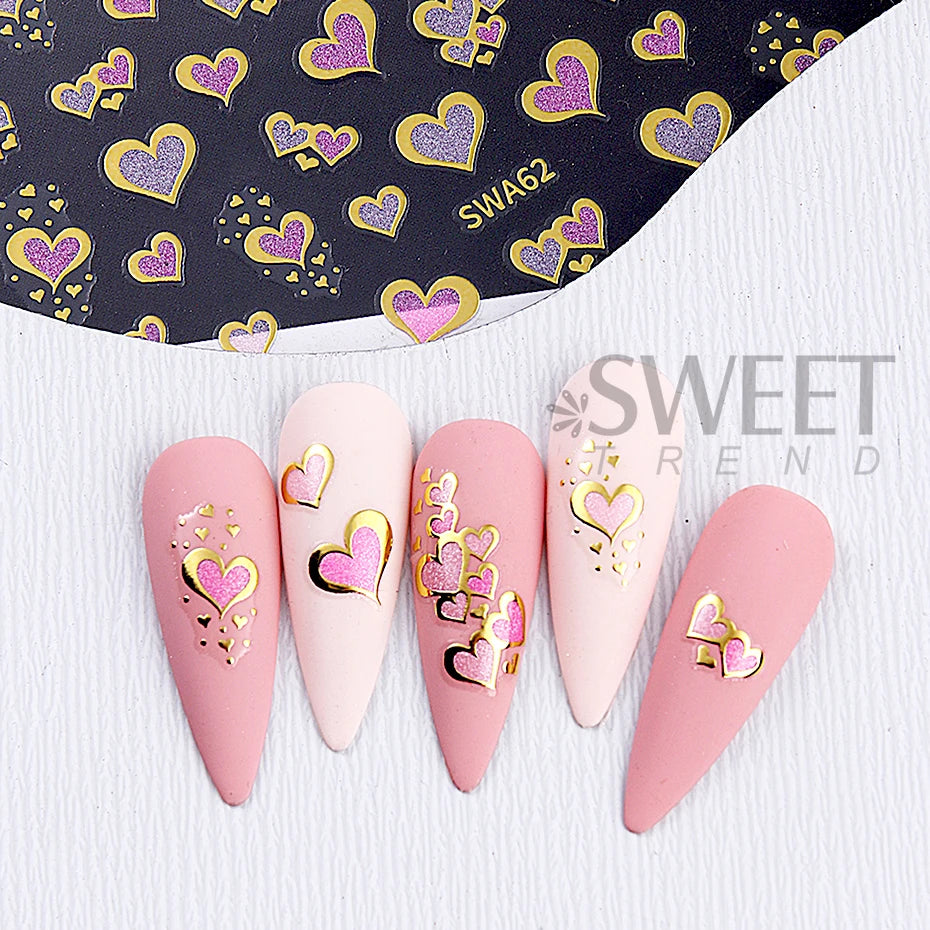 2pcs/set Golden Love Heart Nail Art Stickers 3D Valentine's Day Heart Self-adhesive Nail Supplies Slider Manicure Decorations