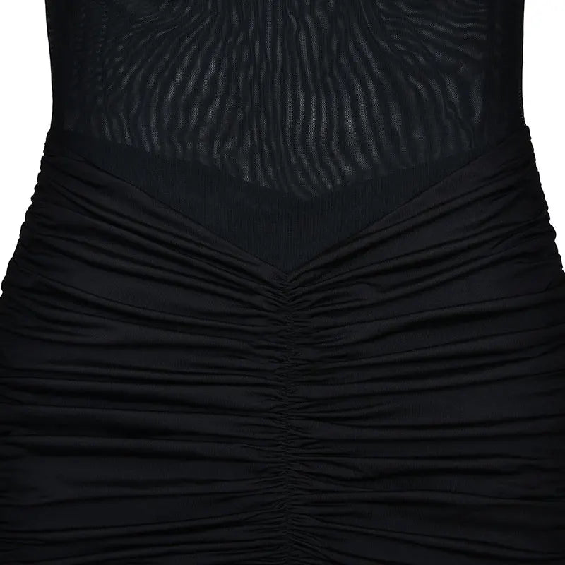 GACVGA Mesh Patchwork Sexy Bodycon Maxi Dress Women Draped Gown Summer Halter Backless Ruched High Split Club Party Long Dress