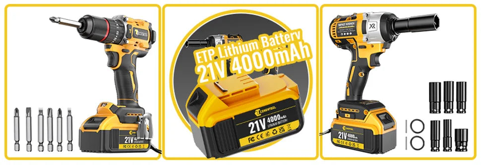 CONENTOOL 420N.m Brushless Electric Impact Wrench Screwdriver Power Tool Combination Drill Driver Set with LED Light 2pc Battery