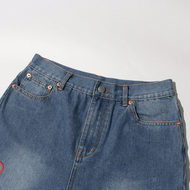 2025 Summer New Fashion Women's Jeans High Waist Straight Wide Leg Embroidery Heart Hollow Out Female Denim Pants