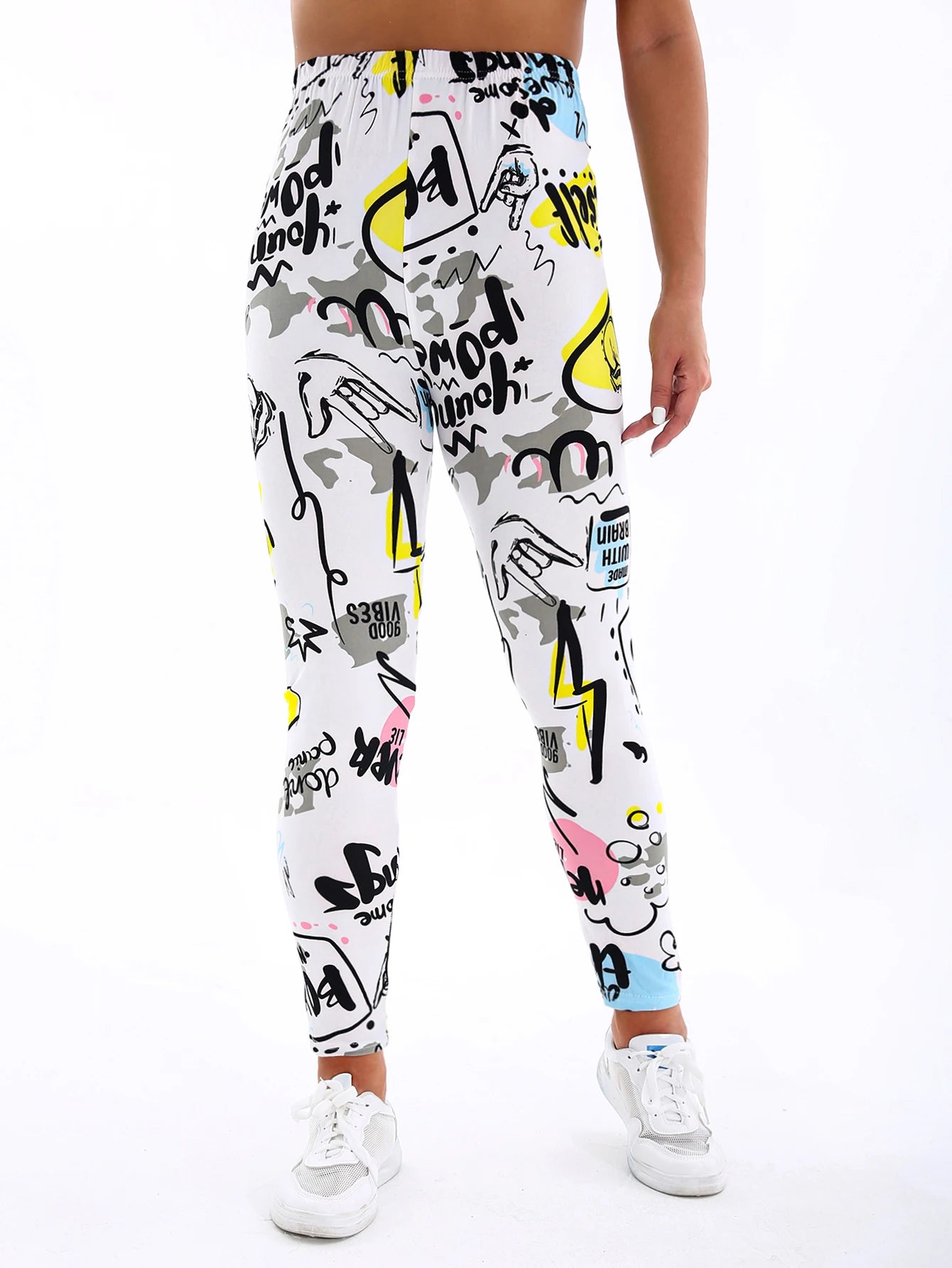 White And Yellow Letter Printed Casual Tight Pants For Women High Elasticity Fitness And Yoga Pants Sexy Nine Point Pencil Pants