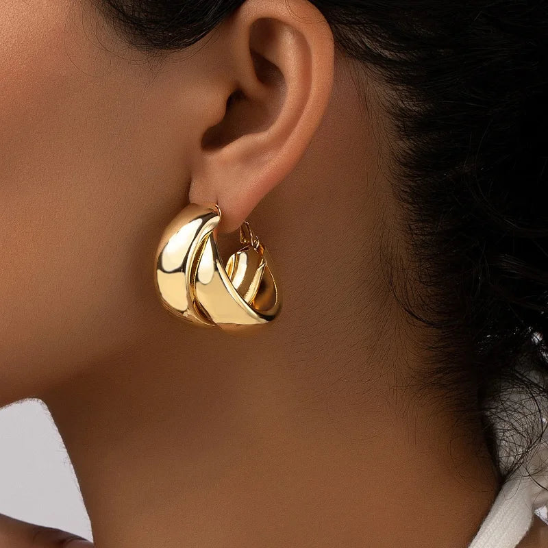 C Shaped Chunky Hoop Earrings for Women Girls Gold Color Double Ring Thick Geometric Drop Earrings Statement Jewelry Gift