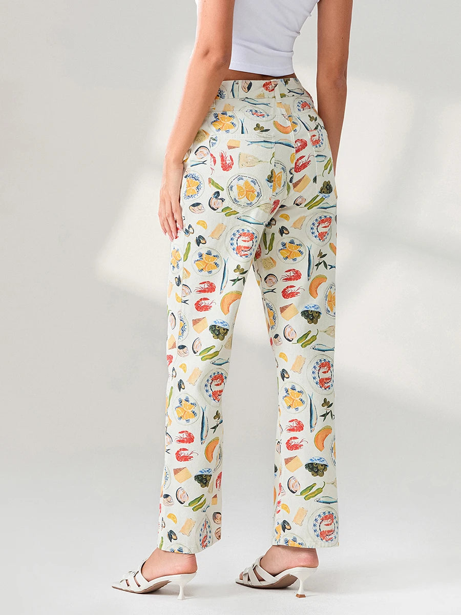 Women Y2k Fruit Print Jeans Pants Graphic Print High Neck Straight Leg Denim Pants Aesthetic Jeans Summer Streetwear