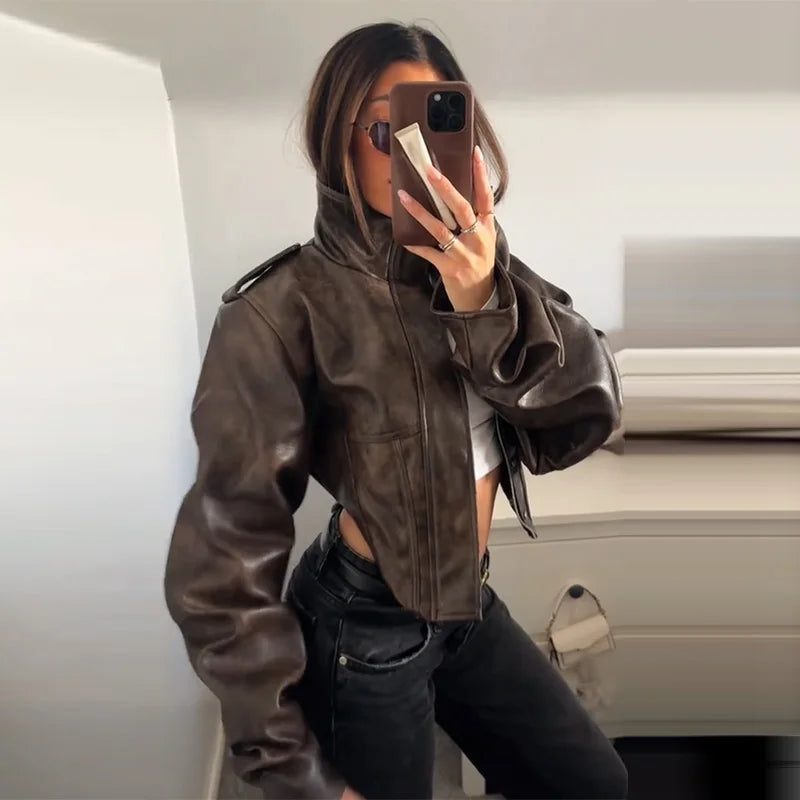 Fashion Lapel Leather Jacket Women's Full Sleeve Slim Solid Zippers Coat 2026 Spring New Lady Edgy Casual High Street Outerwear