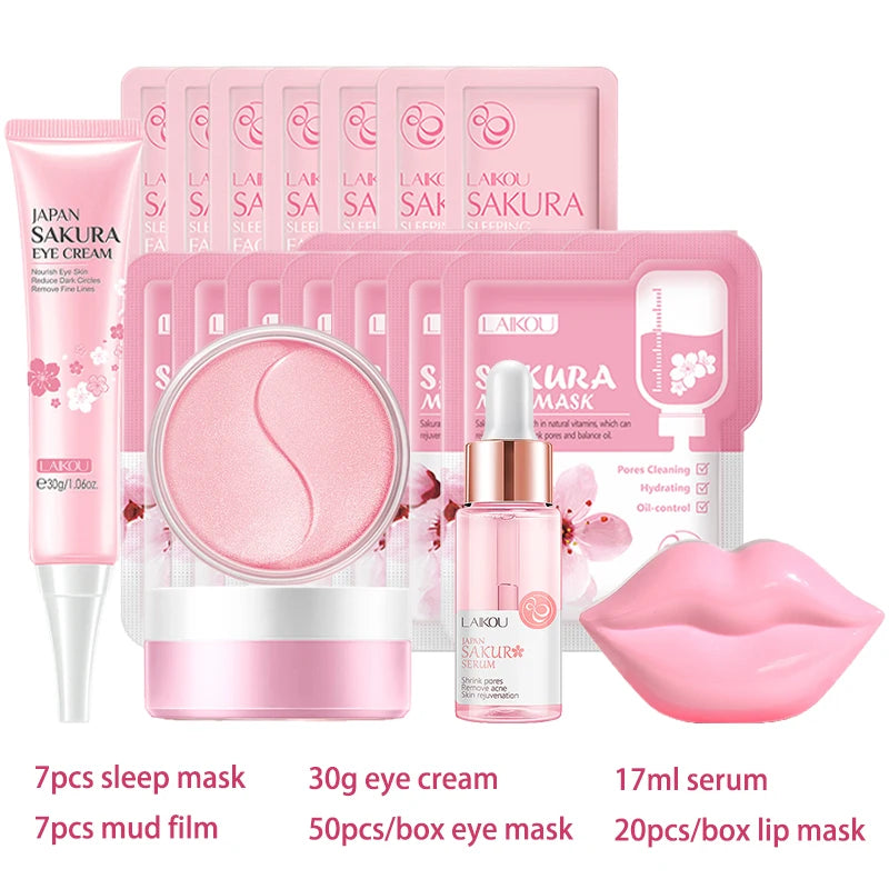 LAIKOU Sakura Facial Cleansing Skincare Set Moisturize Beauty Health Eye Mask Lip Mask Korean Facial Care Products Kit