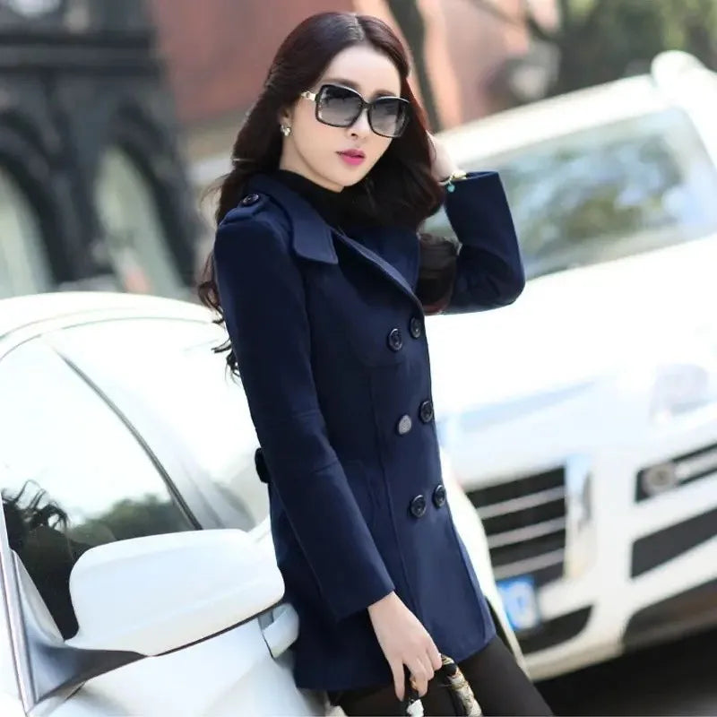 Spring Autumn Women's Slim Fit Short Double Breasted Woolen Coat Thickened Korean Style Fashionable Outerwear