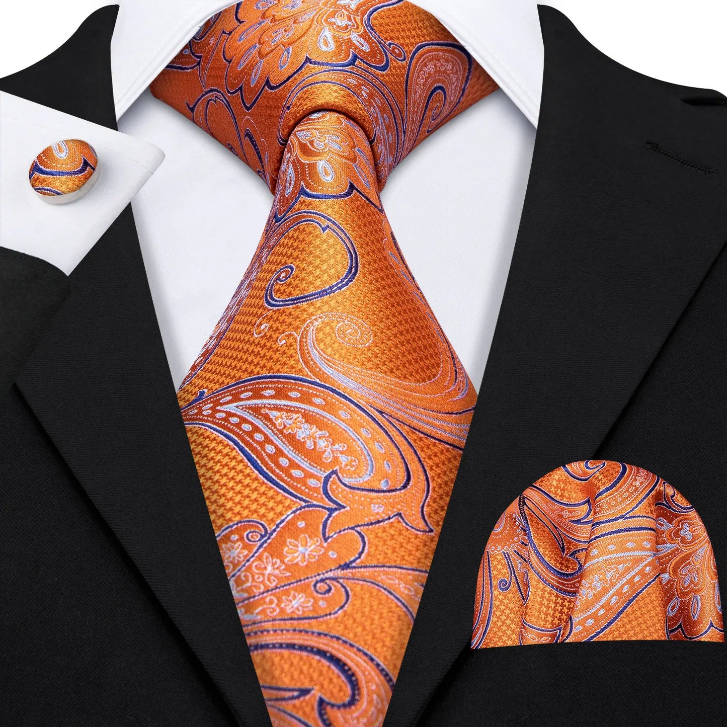 Barry.Wang Orange Brown Silk Mens Tie Hanky Cufflinks Set Gold Coffee Jacquard Designer Necktie For Male Wedding Business Party