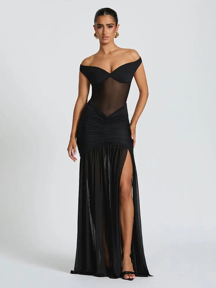GACVGA Mesh Patchwork Sexy Bodycon Maxi Dress Women Draped Gown Summer Halter Backless Ruched High Split Club Party Long Dress