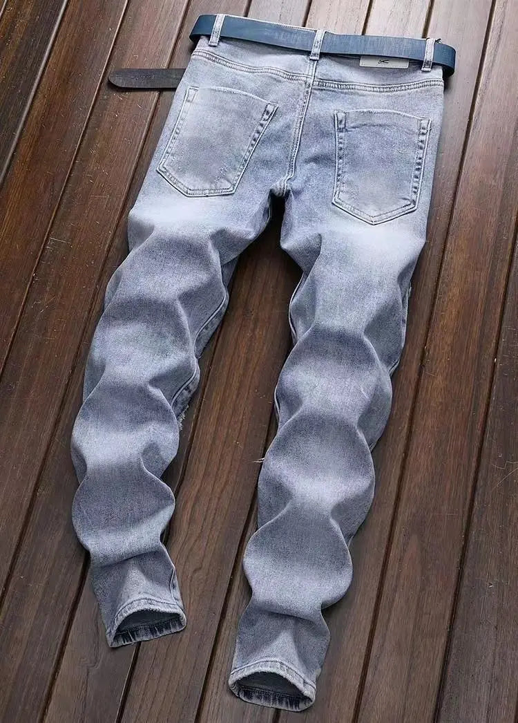 New Spring Autumn Wash Denim Korean Style Blue Designer Cowboy Cycling Motorcycle Splice Vintage Cargo Strech Pant Jean Trousers