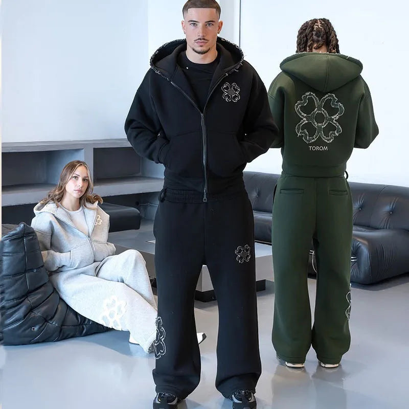 Olive Green Embroidered Zip Hoodie & Pants Set Men Streetwear Trendy Loose Casual 2-Piece Tracksuit New 2025 Fashion
