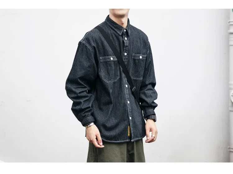 Retro Striped Loose Fit Long Sve Collared Men's Denim irt Spring Faion Workwear Jaet Youthful Wear Resistant Chinese...