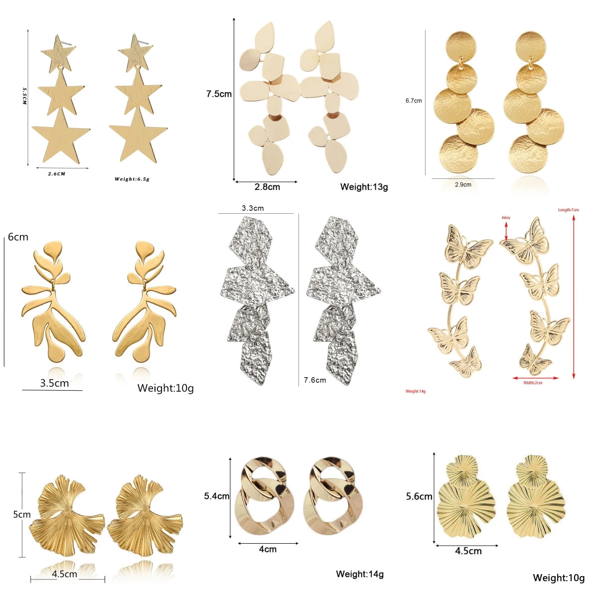 European Exaggerate Metal Statement Earrings for Women Vintage Fashion Round Star Leaf Irregular Geometry Long Earrings Jewelry