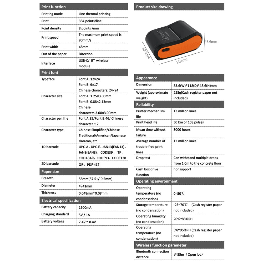 Portable Receipt Printer 58mm Mini Thermal Printing Wireless BT USB Connection 203dpi Mobile Printer with 2 Inch Thermal Paper