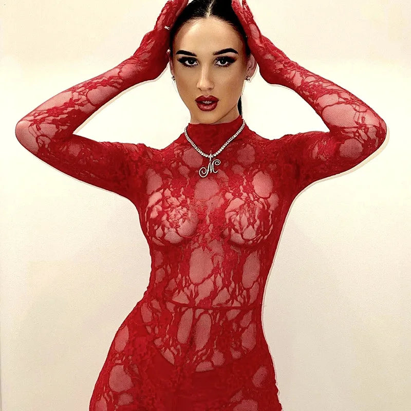 Mesh Sheer Hollow Out Long Sleeve Sexy See Through Skinny Exotic Jumpsuit Bodycon Summer Women Outfit Night Party with Gloves