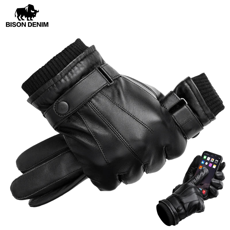BISON DENIM Sheepskin Leather Gloves For Men Autumn Winter Touch Screen Gloves High Quality Warm Full Finger Men Mittens Driving