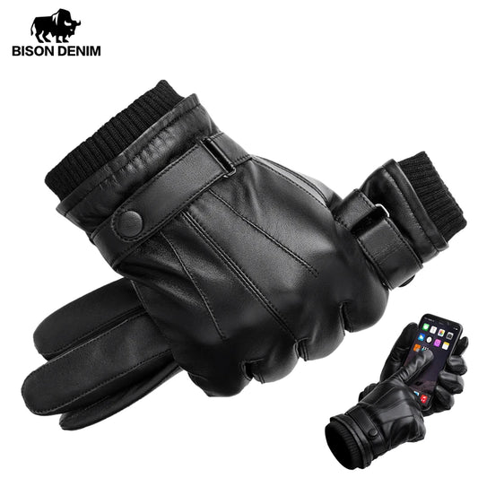 BISON DENIM Sheepskin Leather Gloves For Men Autumn Winter Touch Screen Gloves High Quality Warm Full Finger Men Mittens Driving