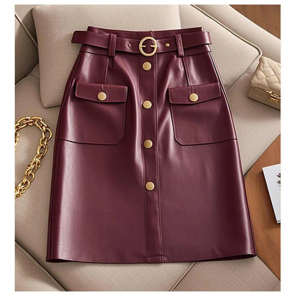 2024 autumn new high-end and super good-looking A-line skirt, fashionable and high-end wine red leather  black skirt