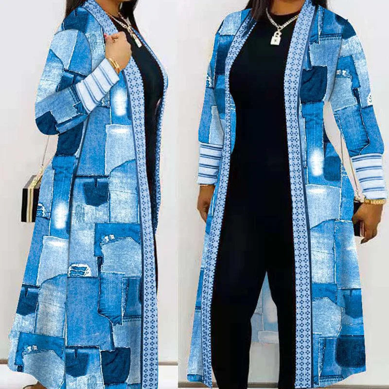 V Neck Casual Loose Female Print Long Outerwear Vintage Patchwork Streetwear Open Stitch Coats Long Sleeve Office Women Jackets