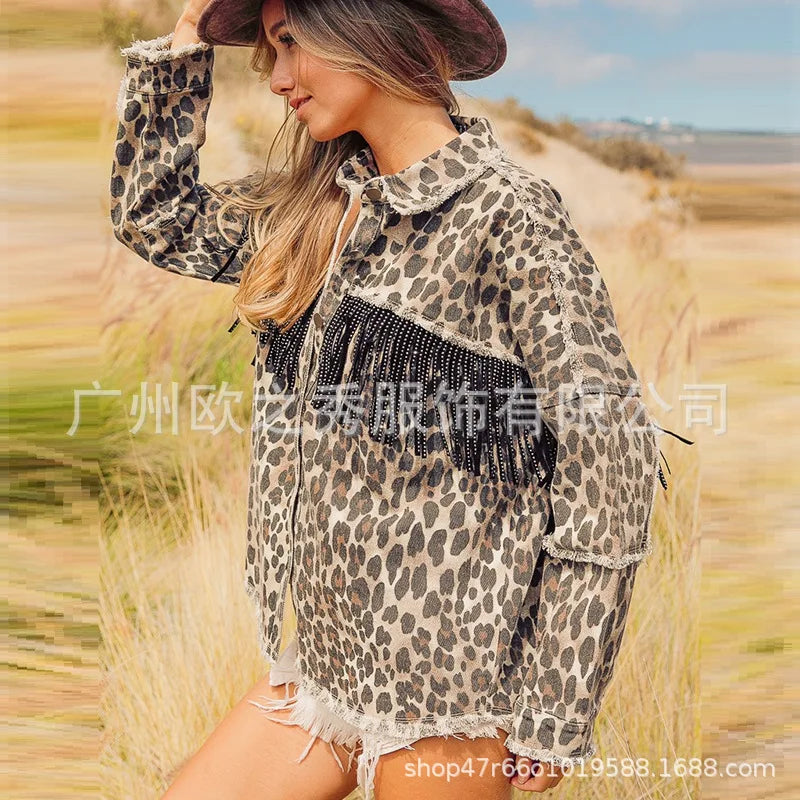 Women Spring Diamonds Beaded Tassels Washed Old Leopard Printed Denim Jacket Fringed Jeans Coat Cowboy Cardigan Streetwear Tops