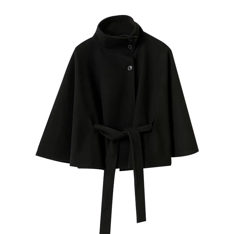 2026 New Lace Up High Neck Jackets For Women Belt Faux Wool Blends Cape Coats Autumn Winter Warm Elegant Cloak Coat Ladies