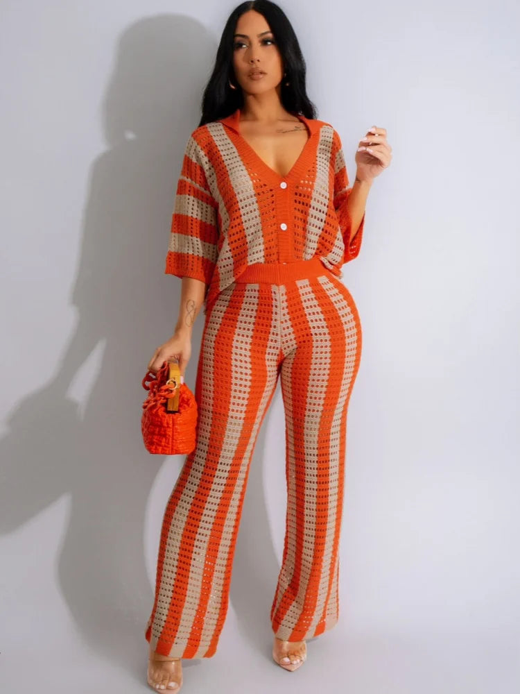 JRRY Sexy Women Knitted Set Two Pieces Set Short Sleeve Buttons Top Long Loose Pants Crocheted 2 Pieces Set Crochet Beach Wear