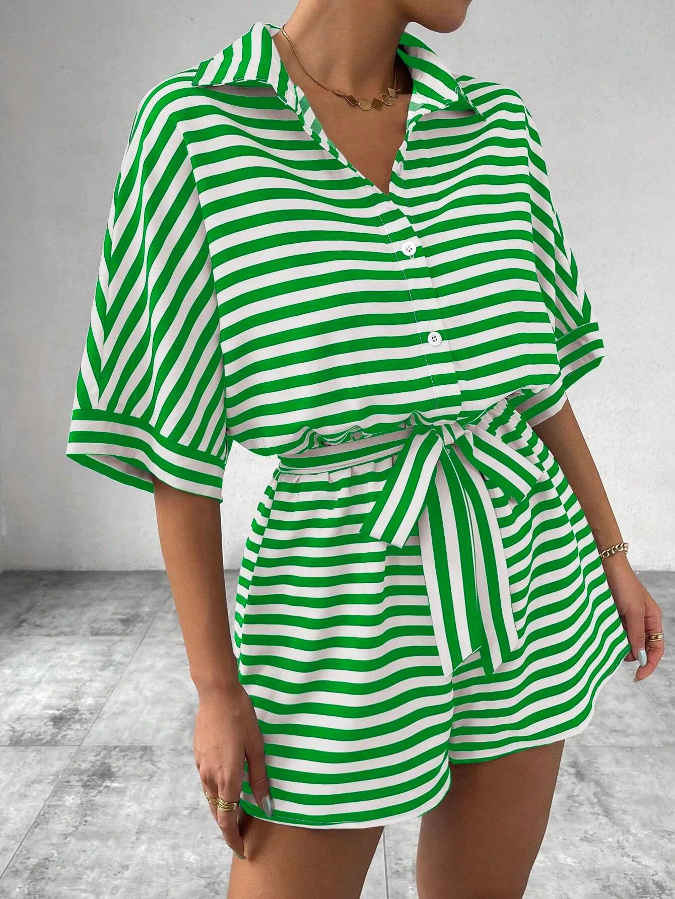 Summer New Set For Women's Casual Loose Comfortable Outfit Fashion Striped Batwing Sleeve Shirt Top+ Shorts 2-piece Sets Woman