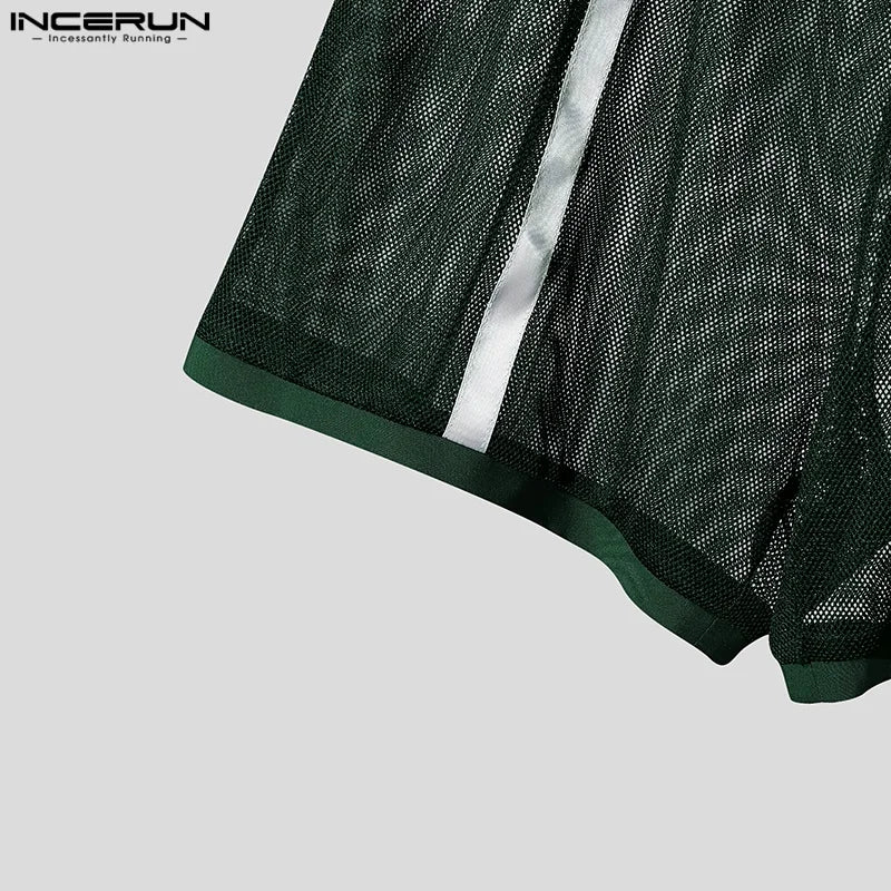INCERUN Men Shorts Mesh Patchwork Drawstring Loose Transparent Male Shorts Streetwear Summer 2025 Sexy Vacation Men Bottoms