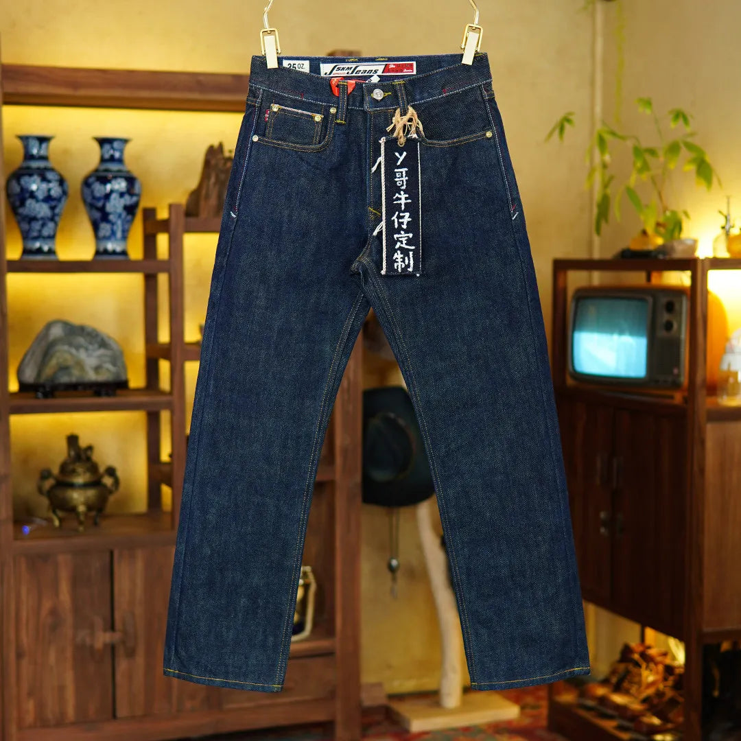 Heavyweight 25oz Red Selvedge Denim Jeans for Men American Vintage Casual 100% Pure Cotton Regular Straight Trousers 5KM Winter