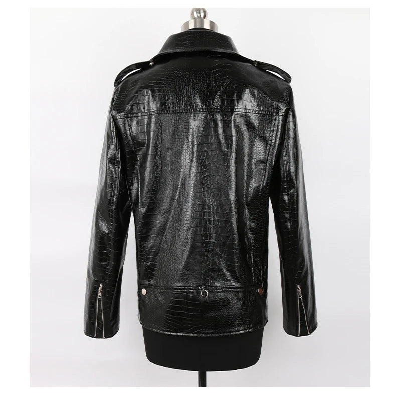 Mauroicardi Spring Red Crocodile Pattern Faux Leather Biker Jacket Long Sleeve Zipper Plus Size Designer Men Clothing 4xl 5xl