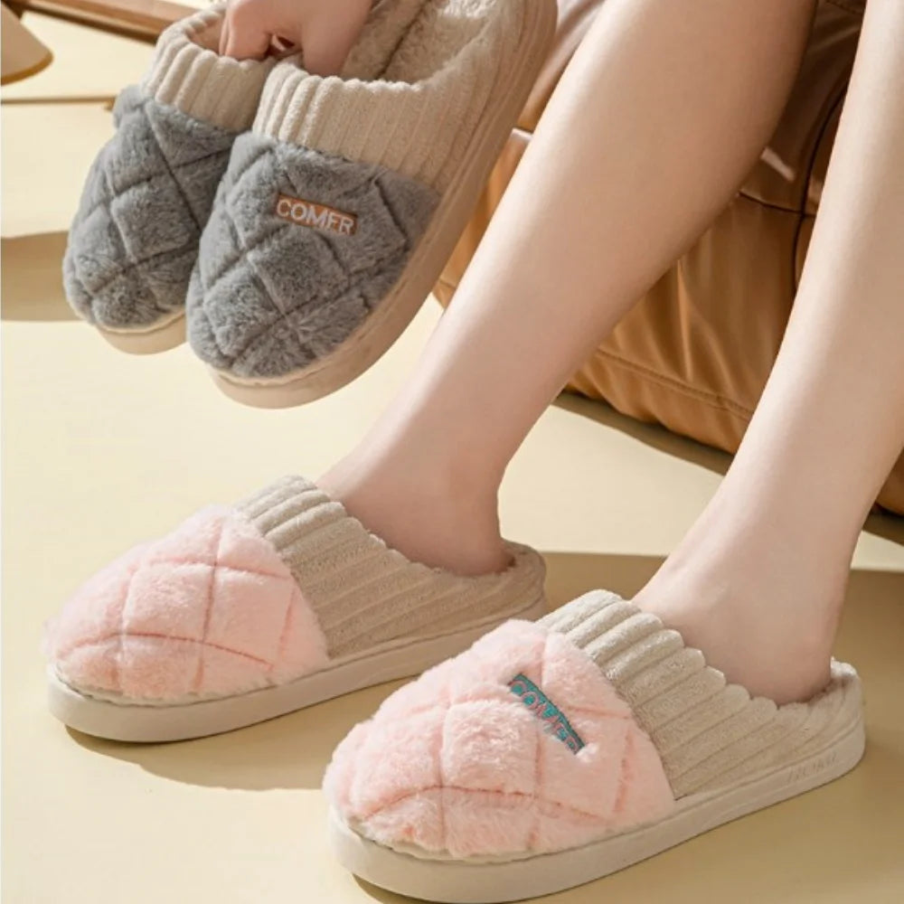 Home Couple Slippers Autumn Winter Warm Anti-slip Indoor Plush Soft Shoes Comfortable Cotton Thicken Sleeping Slippers Woman Men