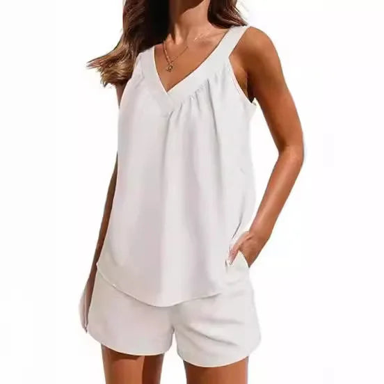 New Summer Women's 2-piece Set Pink V-neck Vest Elastic Pocket White Stylish Black Shorts Set