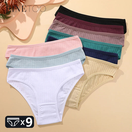 FINETOO 9PCS/SET Cotton Striped Underwear Women's Panties Sexy Soft Solid Color Briefs Female Comfortable Stretch Lingerie M-XL