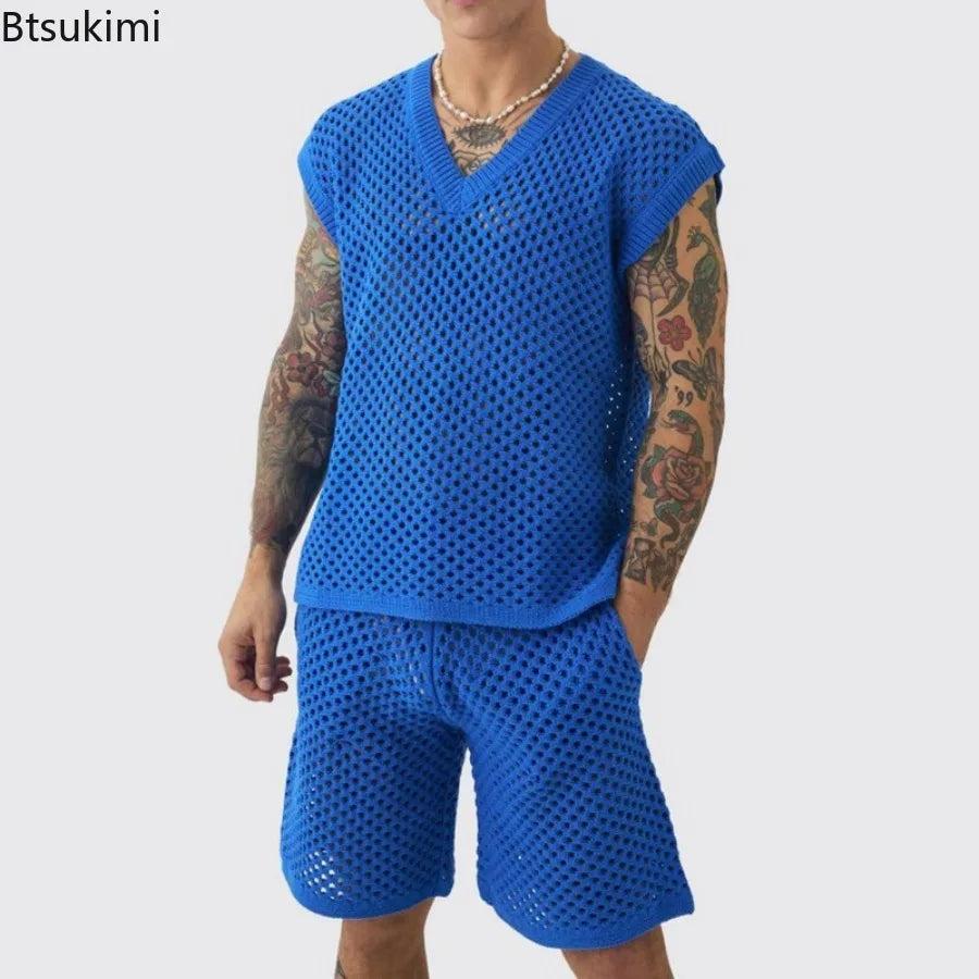 New Men's Summer Casual Knit V Neck Two-piece Sets Fashion Solid Loose Tank Tops and Shorts Sport Suit Men Hollow Out Streetwear