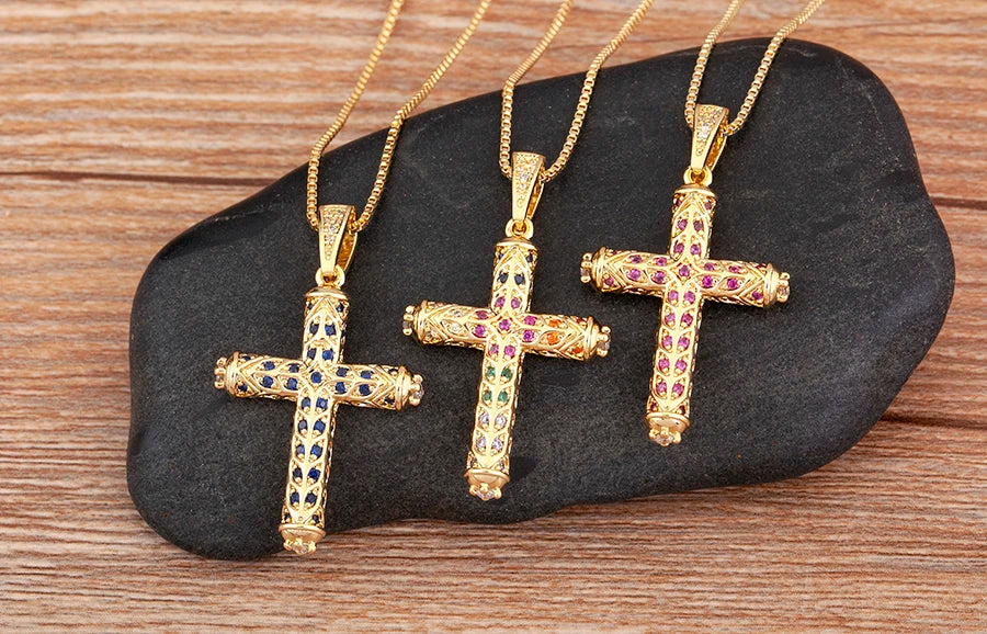 Nidin New Arrival Retro Column Shape Cross Pendant Necklace For Female Male Irregular Geometric Shine Zircon Jewelry Accessories