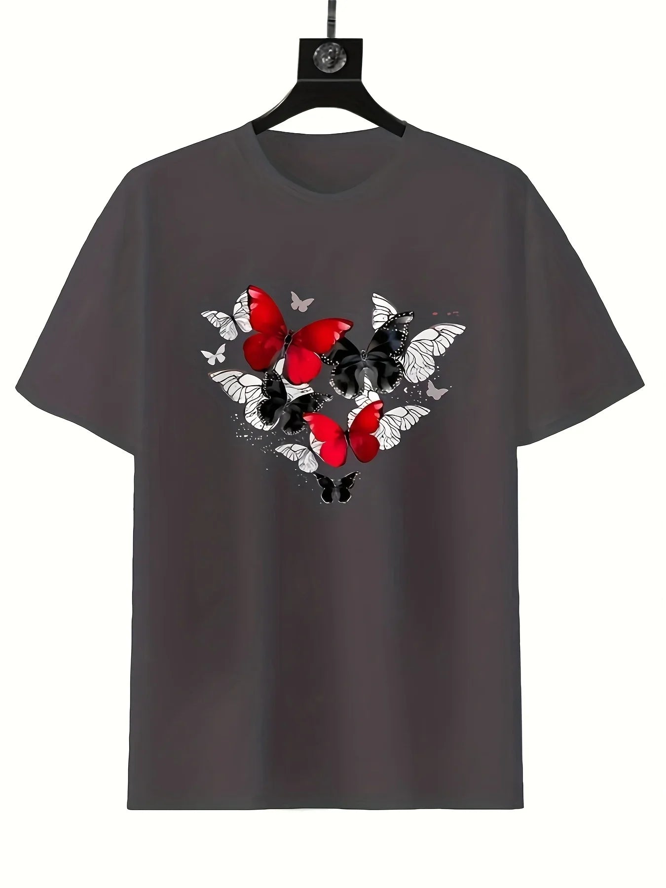 Women's Red Butterfly Heart Print T-Shirt Short Sleeve Round Neck Casual Top for Spring Summer & All-Season Wear