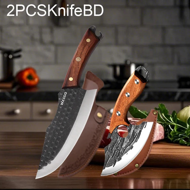 Kitchen Knife Supplies Forged Butcher Knife Fruit Slicing Bottle Opener Knife Multipurpose BBQ Cooking Chef Knife Wood Handle
