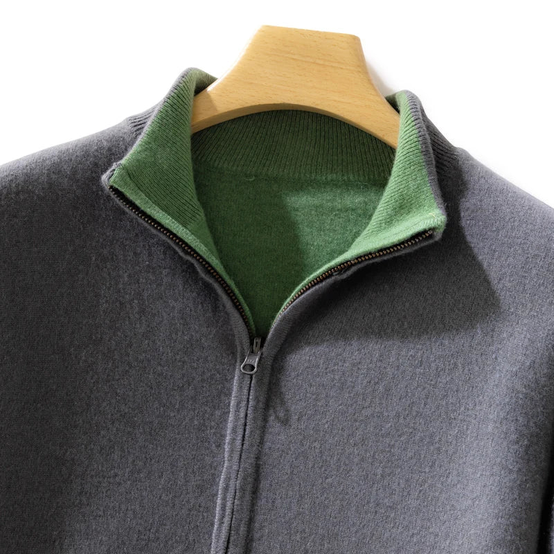 Men 100% Merino Wool Sweater Zipper Cardigan Wear Both Sides Autumn Winter Thick Warm Casual Cashmere Jumper Knitwear Coat Tops